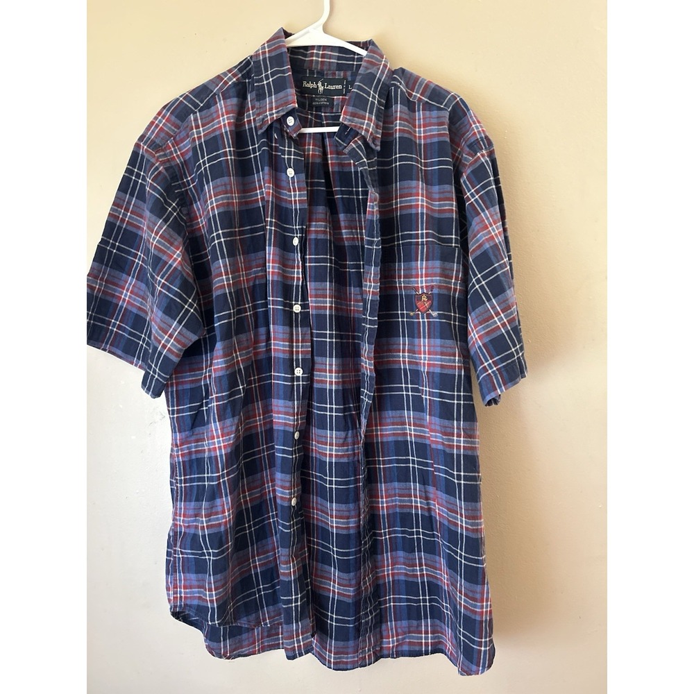 Ralph Lauren Men's Navy and Purple Plaid Short Sleeve Shirt Large